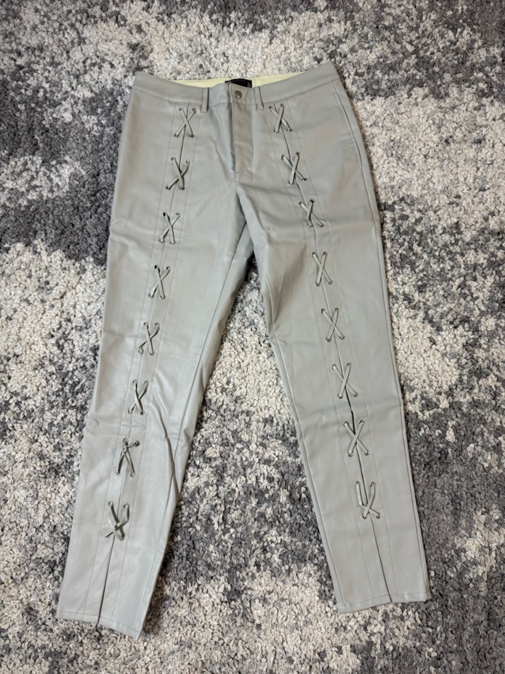 ASOS Design, Mens Light Gray Lace-Up Faux Leather Pants, US Size: 32x32